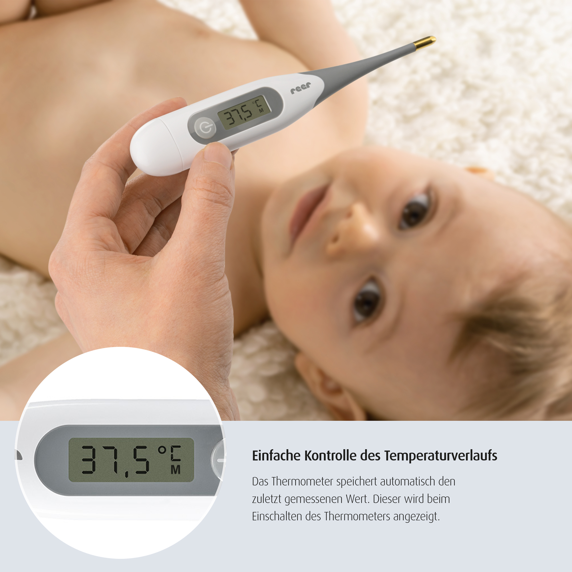 Fieberthermometer, reer, Weiß – Besonderheit: flexible goldene Messspitze