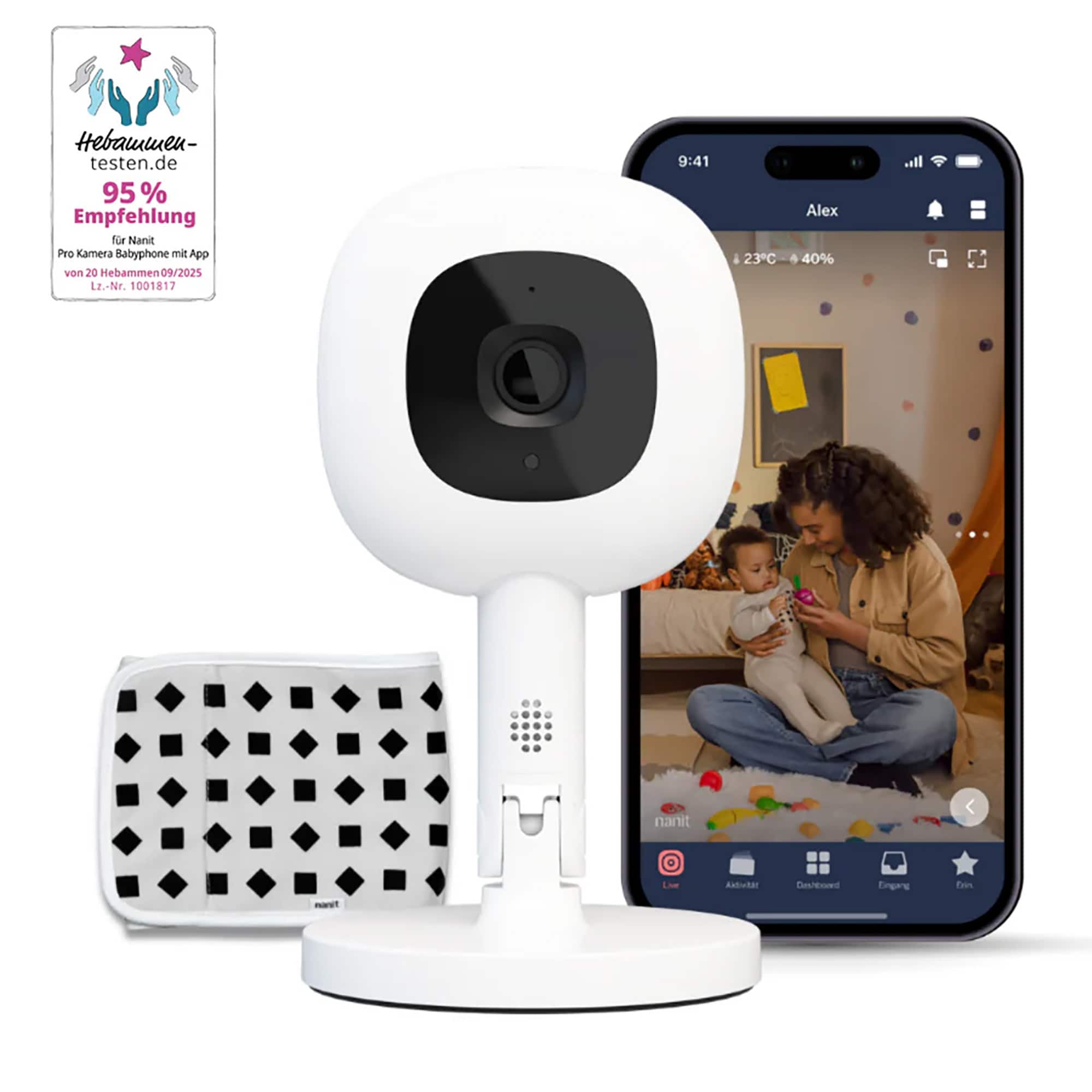 Babyphone, Nanit, Weiß – Besonderheit: Set bestehend aus Nanit Pro Kamera-Babyphone + App mit Flex-Ständer, plus ein kleiners sensorfreies Baumwoll-Atemüberwachungsband (0–3 Monate)