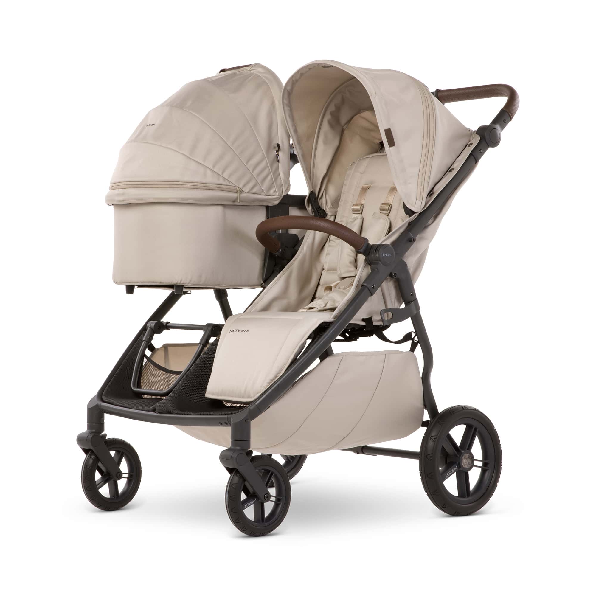 Zwillingswagen & Geschwisterwagen, MAST, Beige – Besonderheit: verschiedene Kombinationsmöglichkeiten mit Sitz, (separat erhältliche) Babywanne und Kindersitz