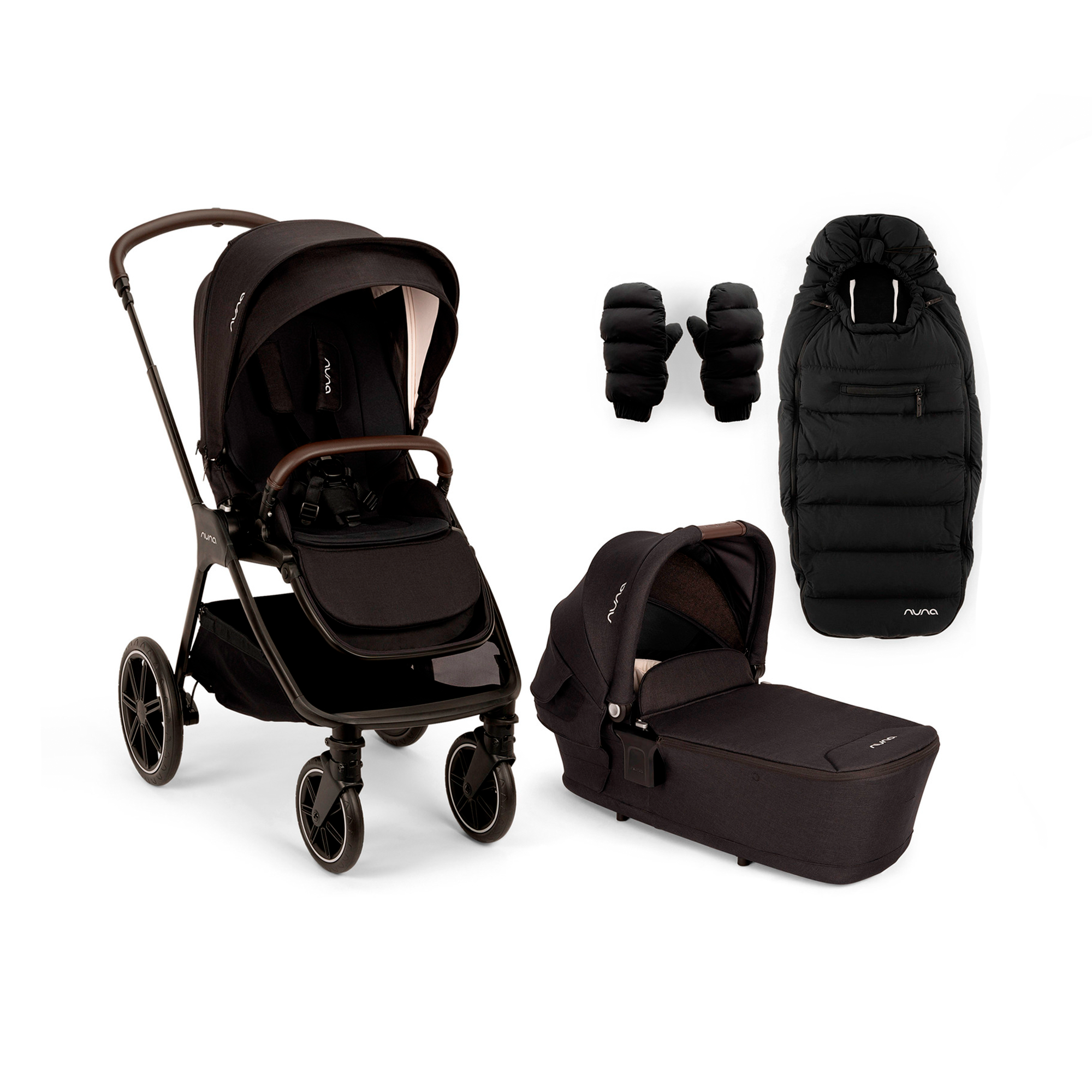Kombi-Kinderwagen, nuna, Schwarz – Besonderheit: Set bestehend aus Kinderwagen, Babywanne, Regenverdeck, Fußsack und Handschuhe sowie Babyschalenadapter
