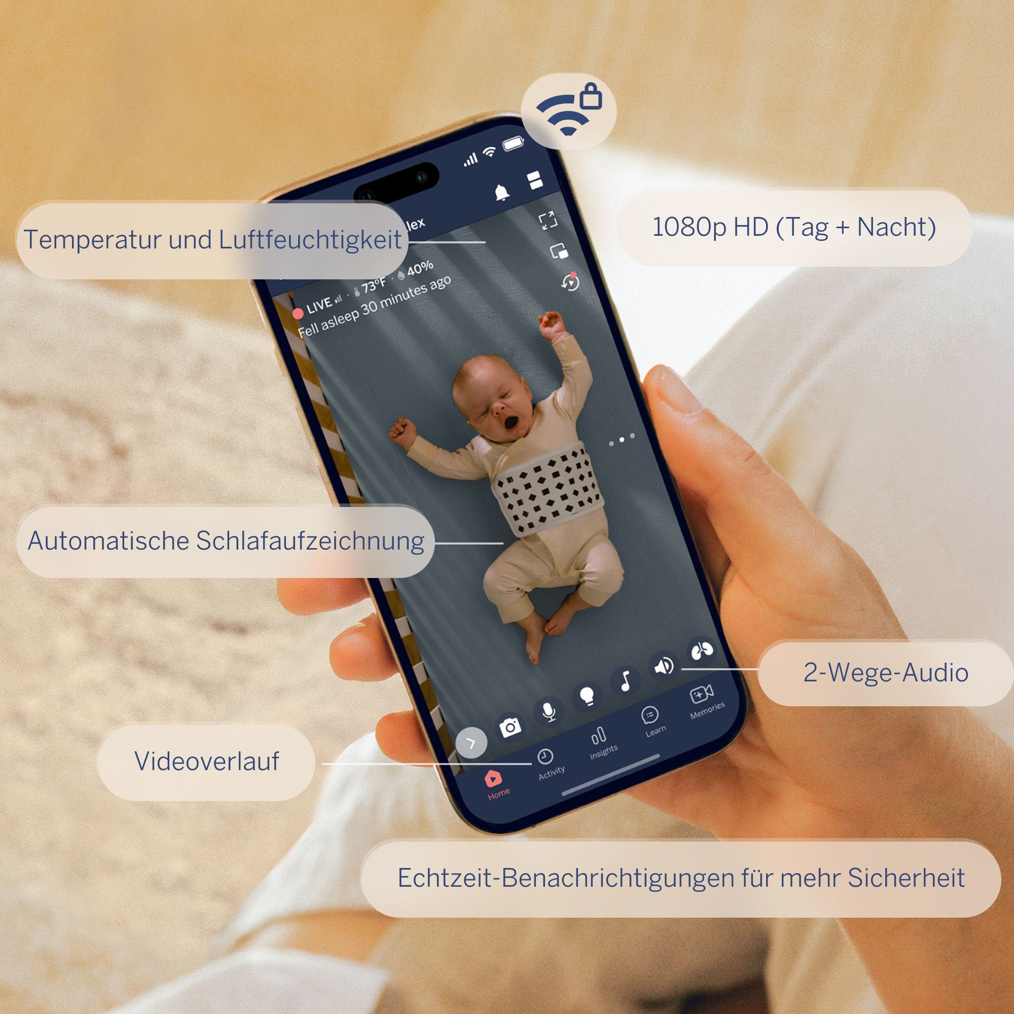 Babyphone, Nanit, Weiß – Besonderheit: Nanit Pro Kamera-Babyphone mit Bodenständer und passender App; sensorfreies Atemüberwachungsband aus Baumwolle (0–3 Monate)