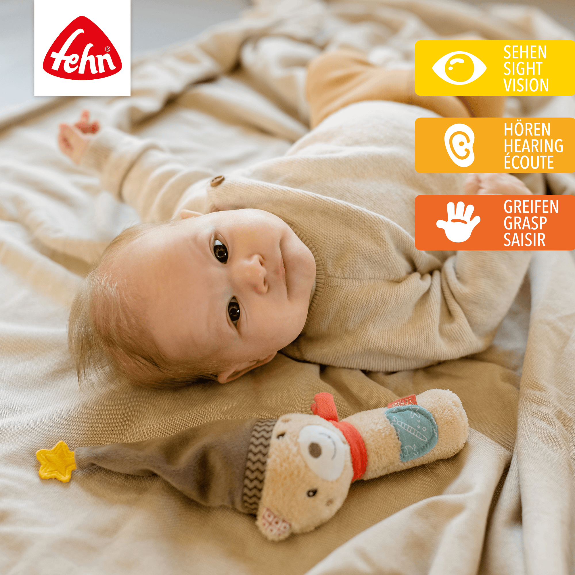 Rasseln & Greiflinge, fehn, Beige – Besonderheit: niedlicher Bär mit Rassel und Quietsche