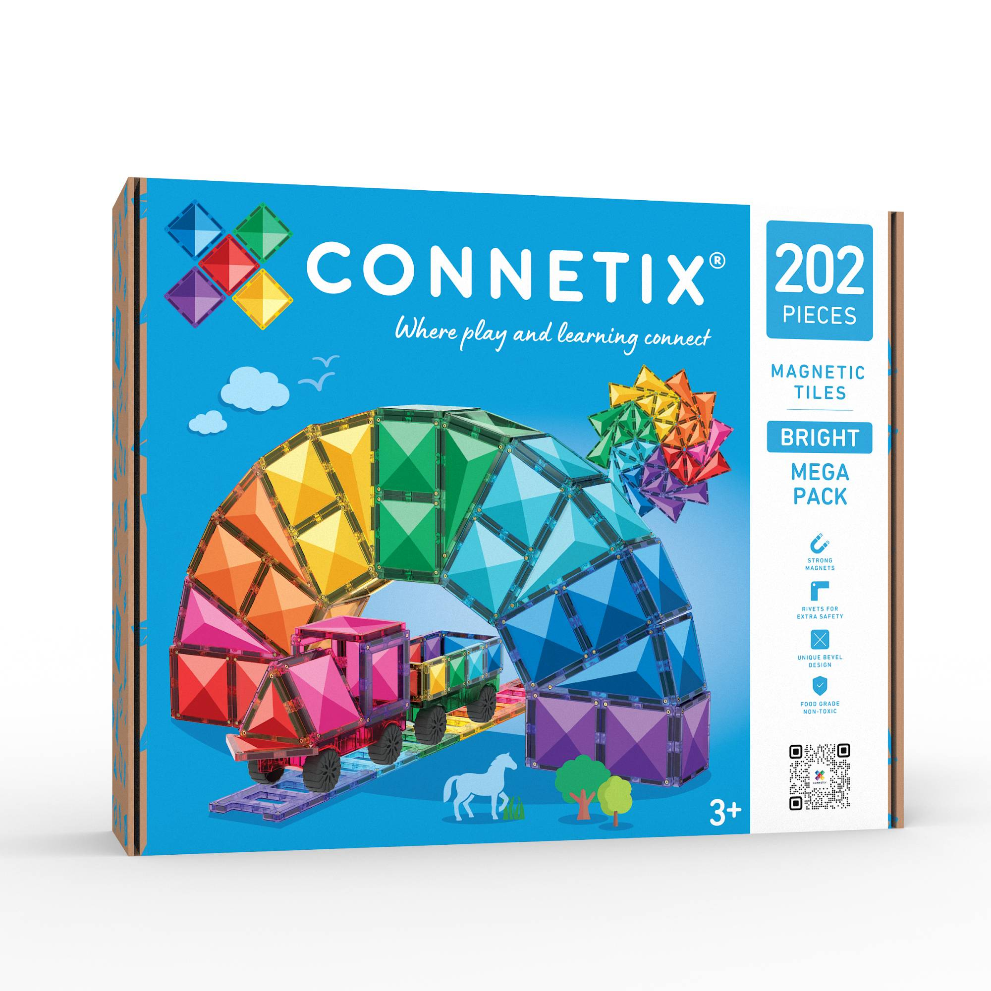 Bausteine, Connetix, Blau – Besonderheit: magnetische Bausteine, darunter Dreiecke, Quadrate, Rechtecke und Anhänger zum Bauen von großen Türmen, Fahrzeugen und vieles mehr