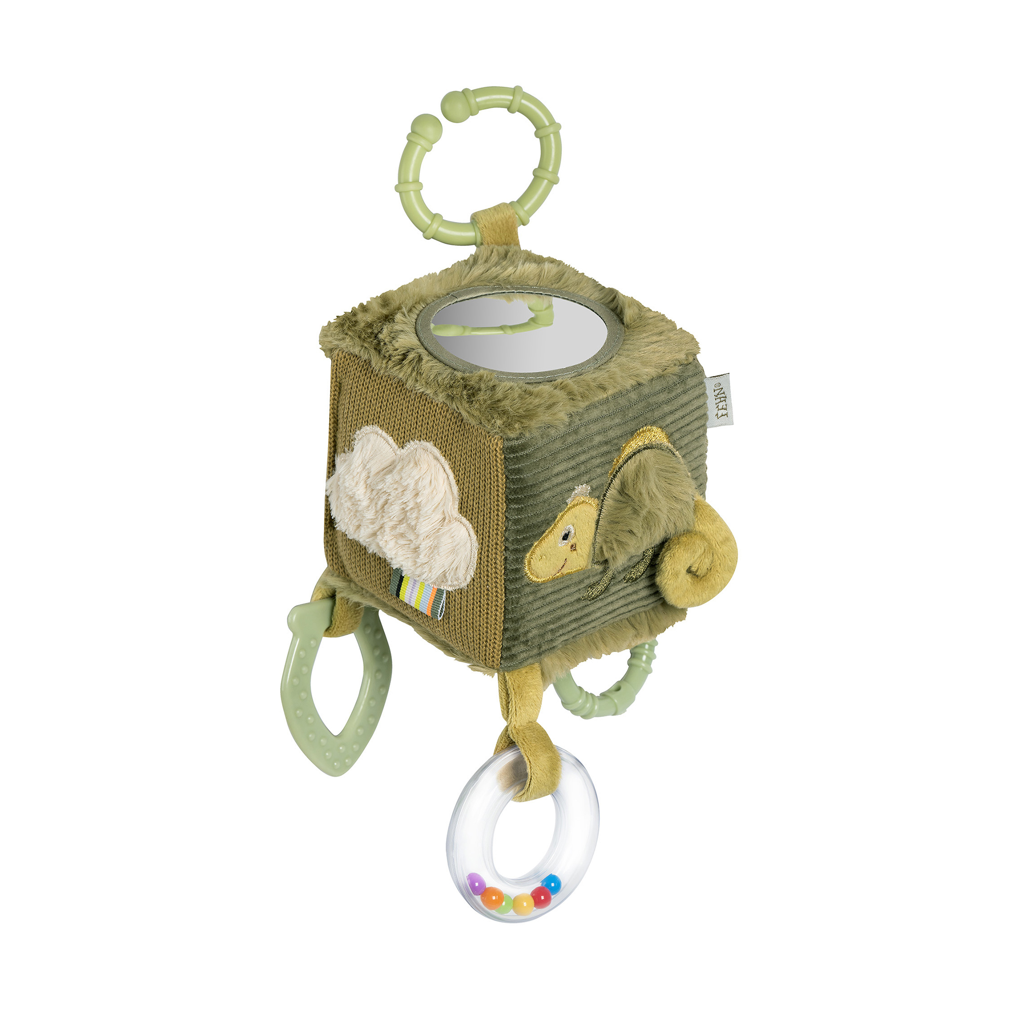 Rasseln & Greiflinge, fehn, Grün – Besonderheit: mit Rassel, Greifring, Glöckchen, Softbeißer, Spiegel und Materialmix