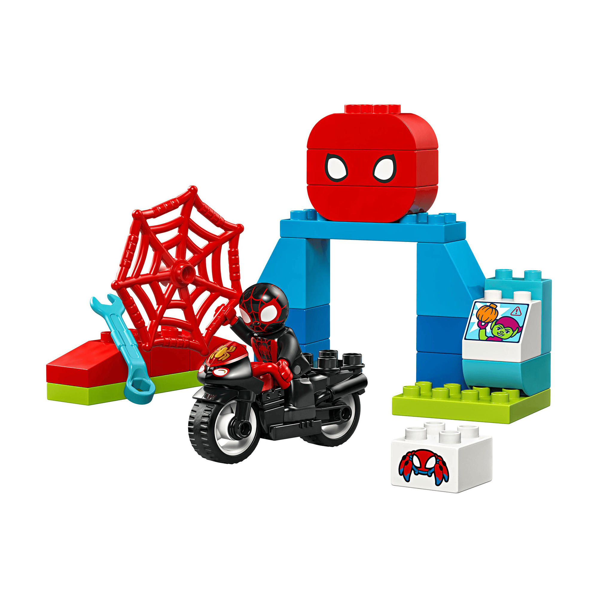 Konstruktionsspielzeug, LEGO – Besonderheit: mit Figur Spin, Spielzeugmotorrad, Hauptquartier, Rampe, Netz und Roboterspinne Trace-E