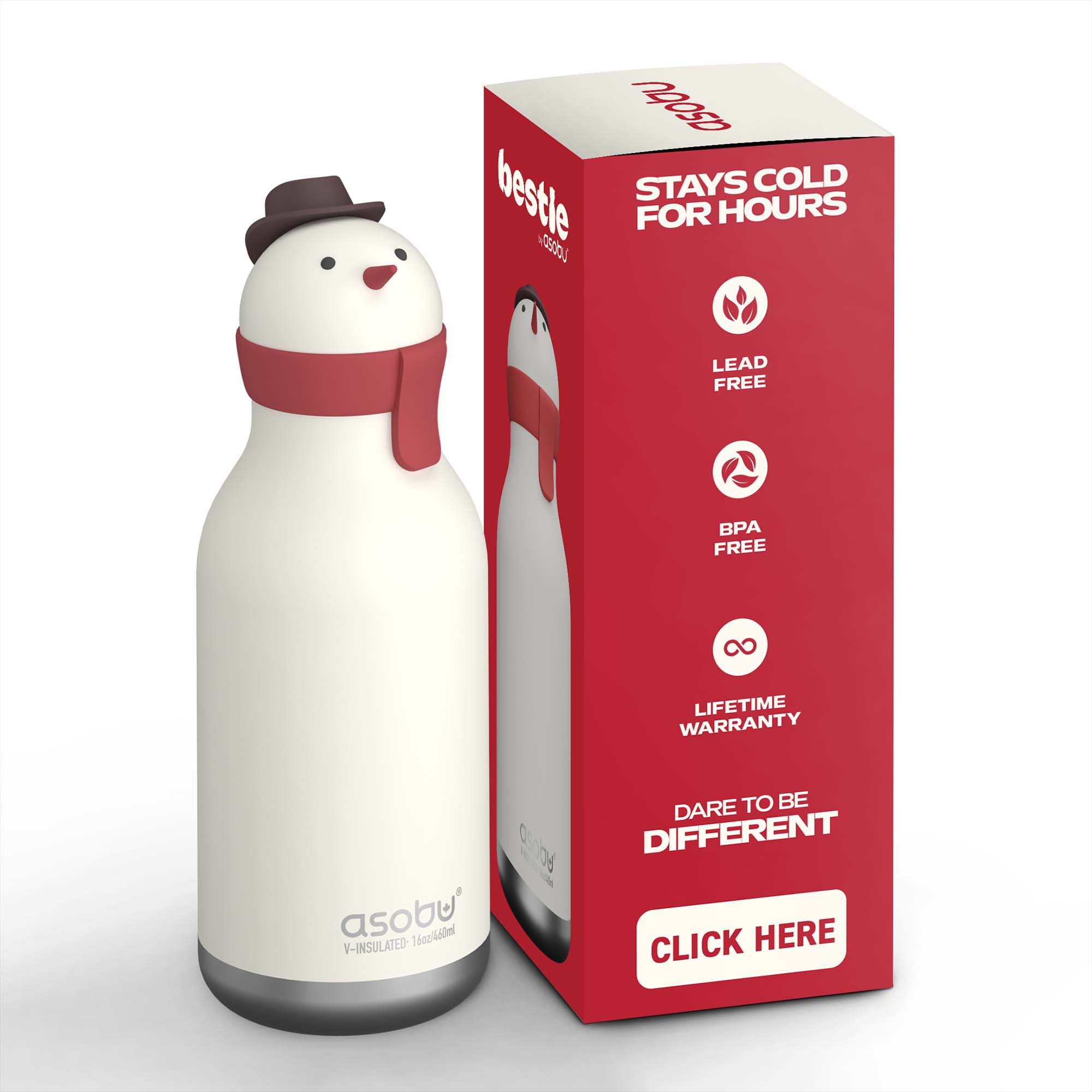 Thermoflaschen, ASOBU, Weiß – Besonderheit: Edelstahlflasche mit abnehmbarem, sammelbarem Silikonkopf