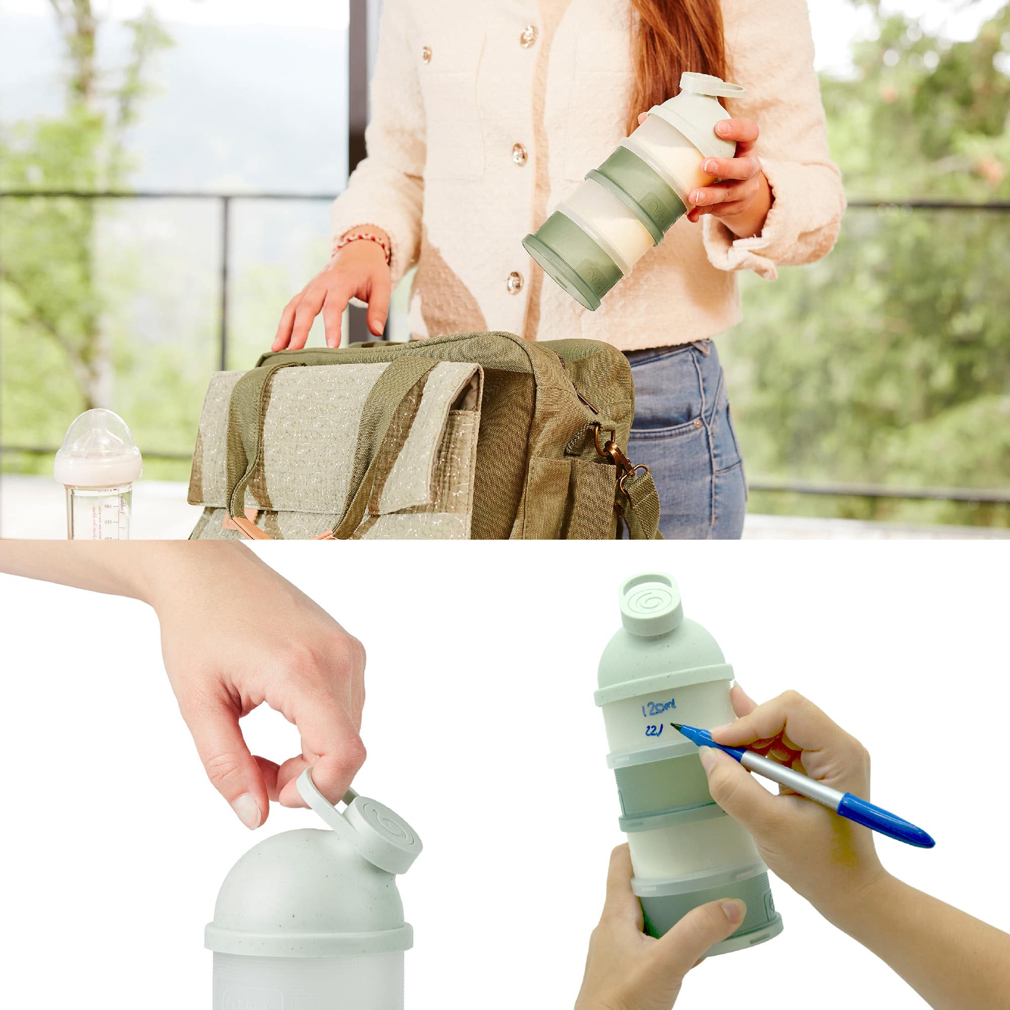 Milchpulver Portionierer, babymoov, Grün – Besonderheit: bietet Platz für 12 Messlöffel Milchpulver pro Portion für Flaschen bis 360 ml