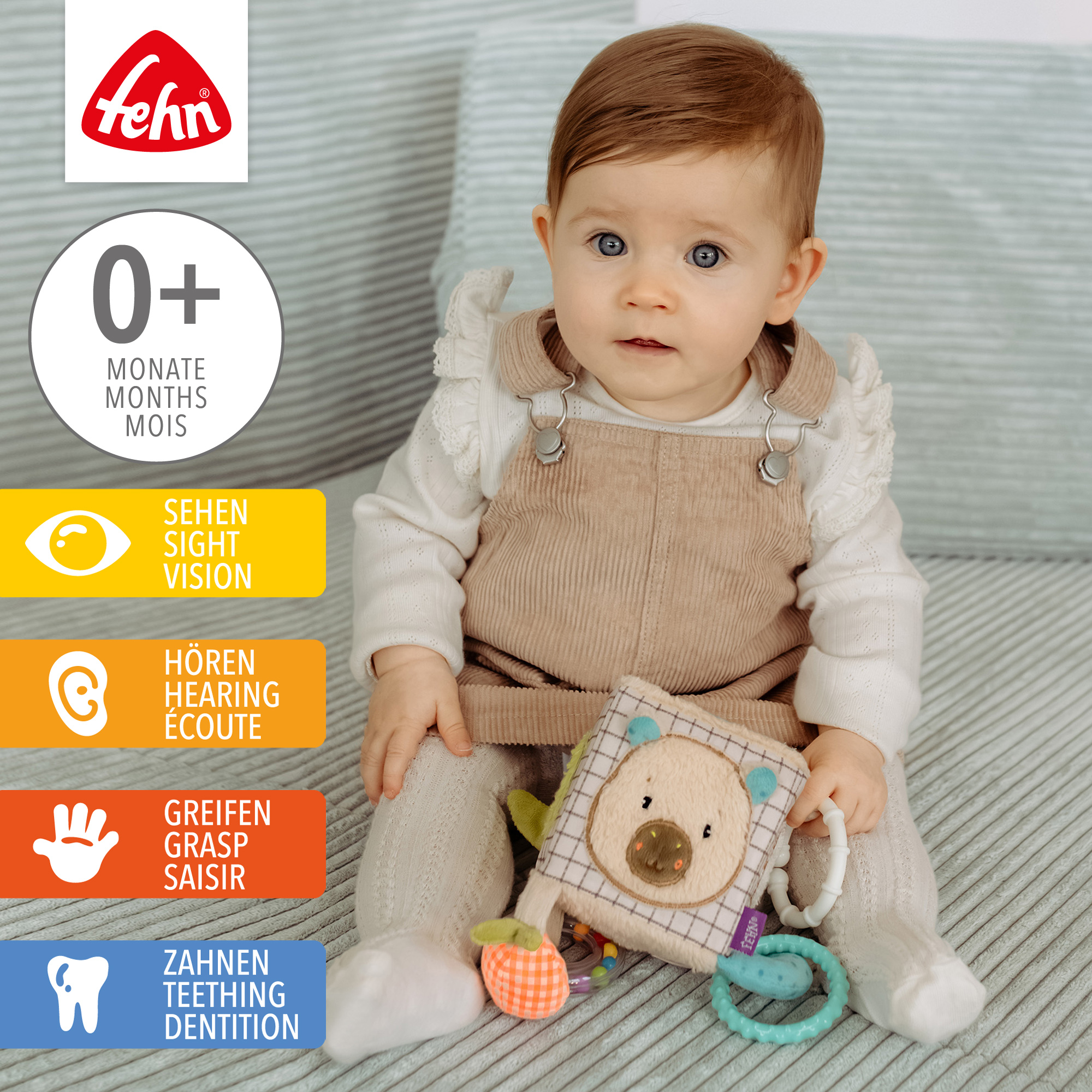 Spielwürfel, fehn, Beige – Besonderheit: mit Perlen-Rassel, Raschelpapier, Quietsche, Raschelpapier, Spiegel, Glöckchen, Greifring und Materialmix