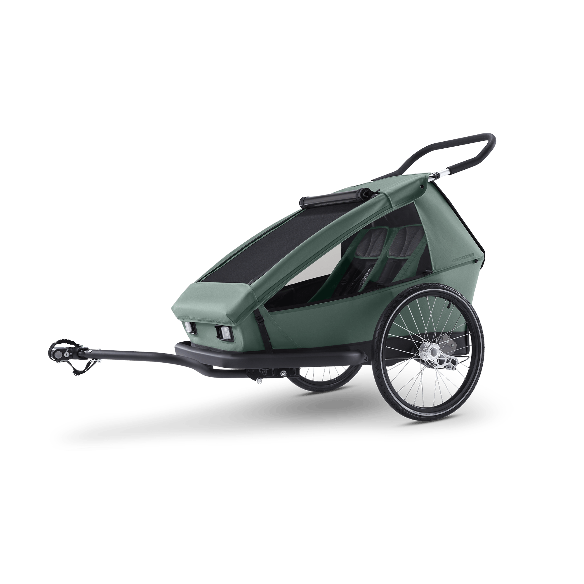 Fahrradanhänger, Croozer, Grün – Besonderheit: Set bestehend aus Fahrradanhänger, Babysitz und Kinderrucksack