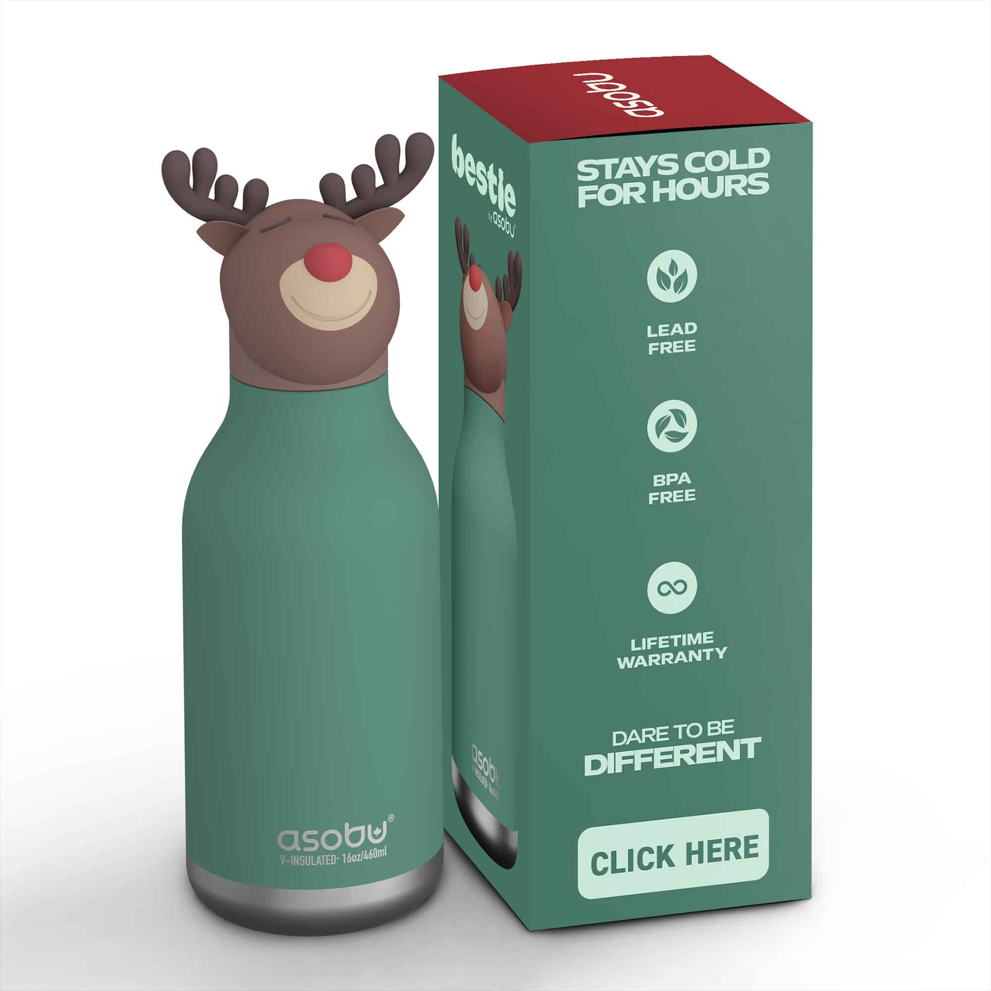 Thermoflaschen, ASOBU, Grün – Besonderheit: Edelstahlflasche mit abnehmbarem, sammelbarem Silikonkopf