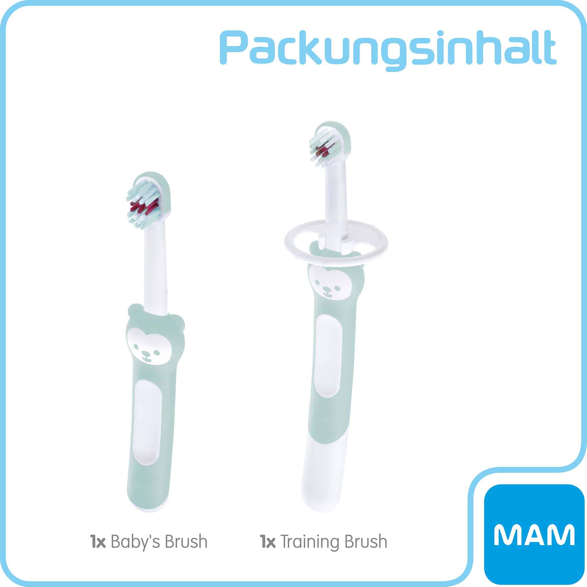 Zahnbürsten, MAM, Blau – Besonderheit: Set bestehend aus 1x MAM Training Brush, 1x Baby's Brush & 1x Sicherheitsschild