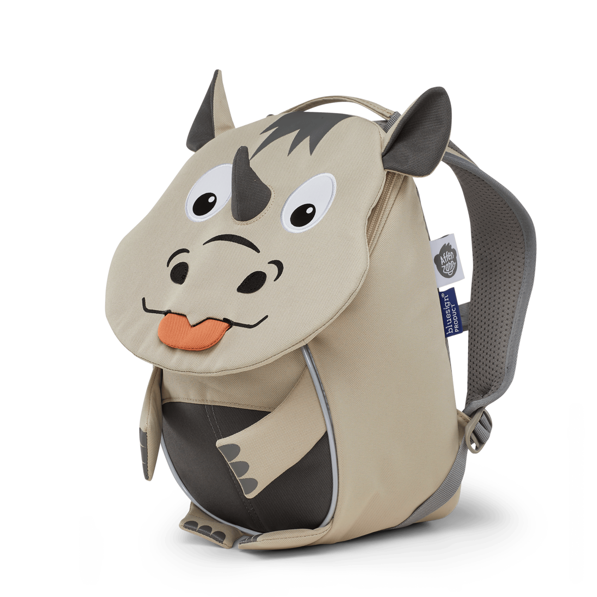 Kinderrucksäcke, Affenzahn, Grau – Besonderheit: Ziehzunge mit Namensschild