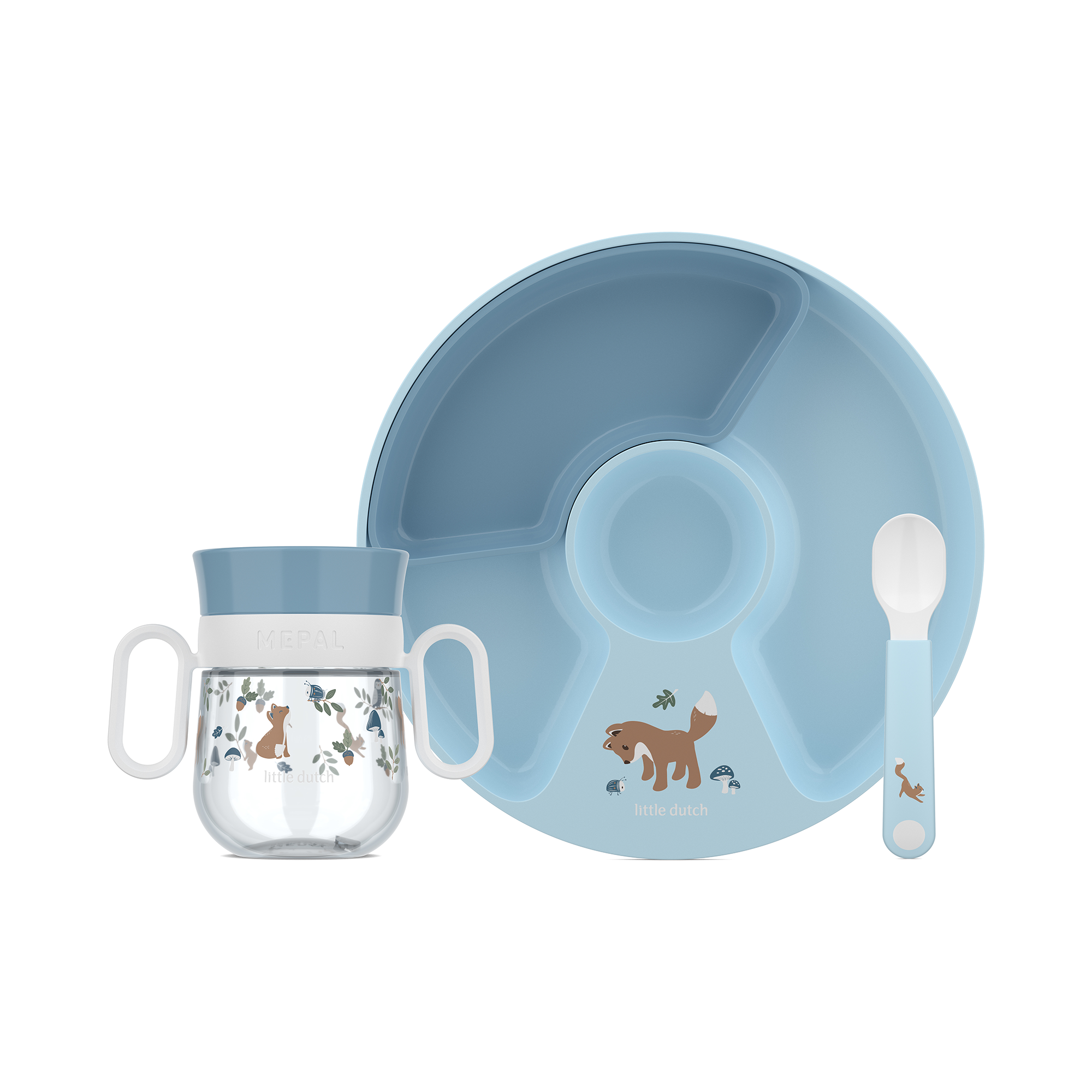 Produkte, MEPAL, Blau – Besonderheit: 3-teiliges Set mit Trinklernbecher, Teller mit Unterteilung und Löffel