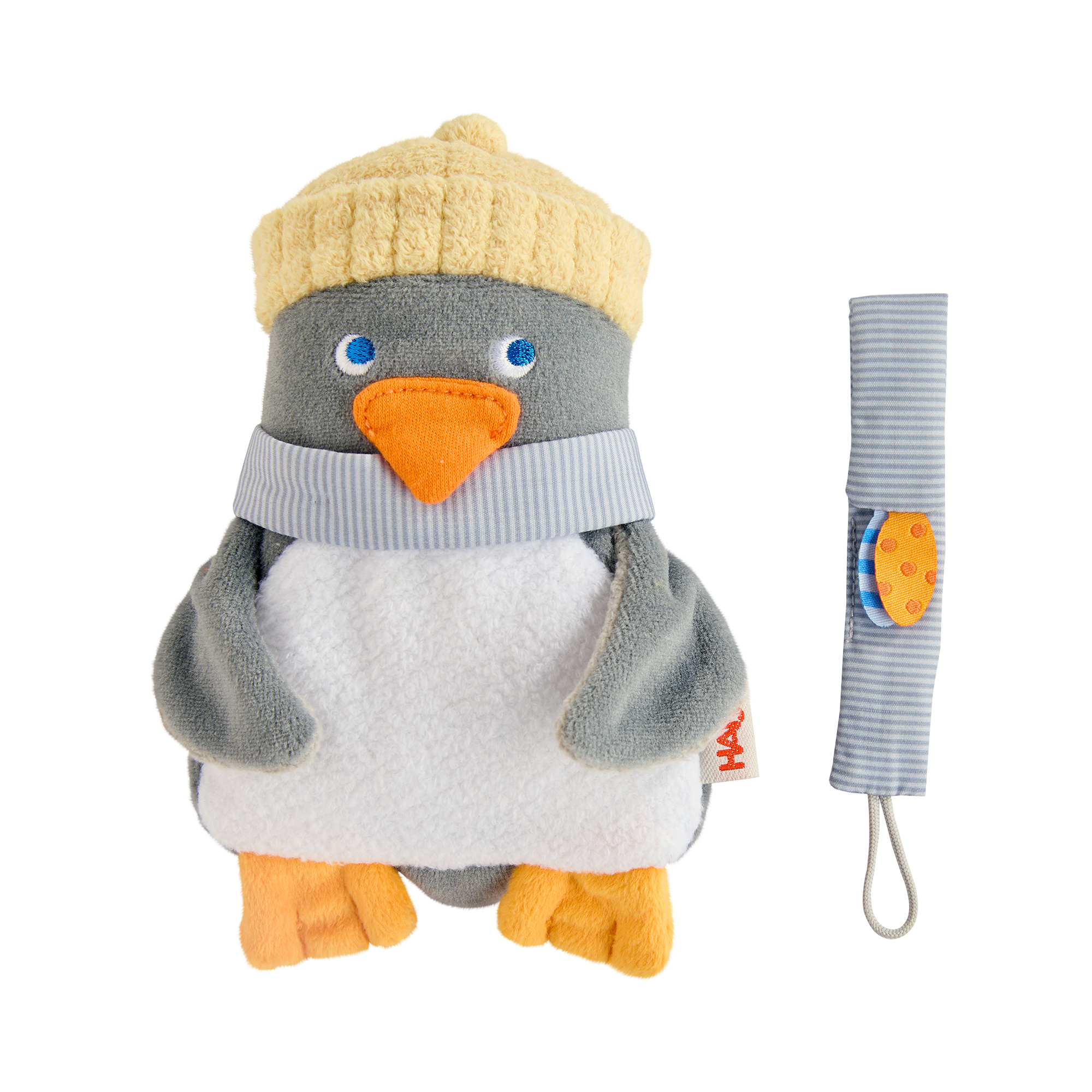 Kuscheltiere, HABA, Weiß – Besonderheit: Schnuller kann am abnehmbarem Schal des Pinguins befestigt werden
