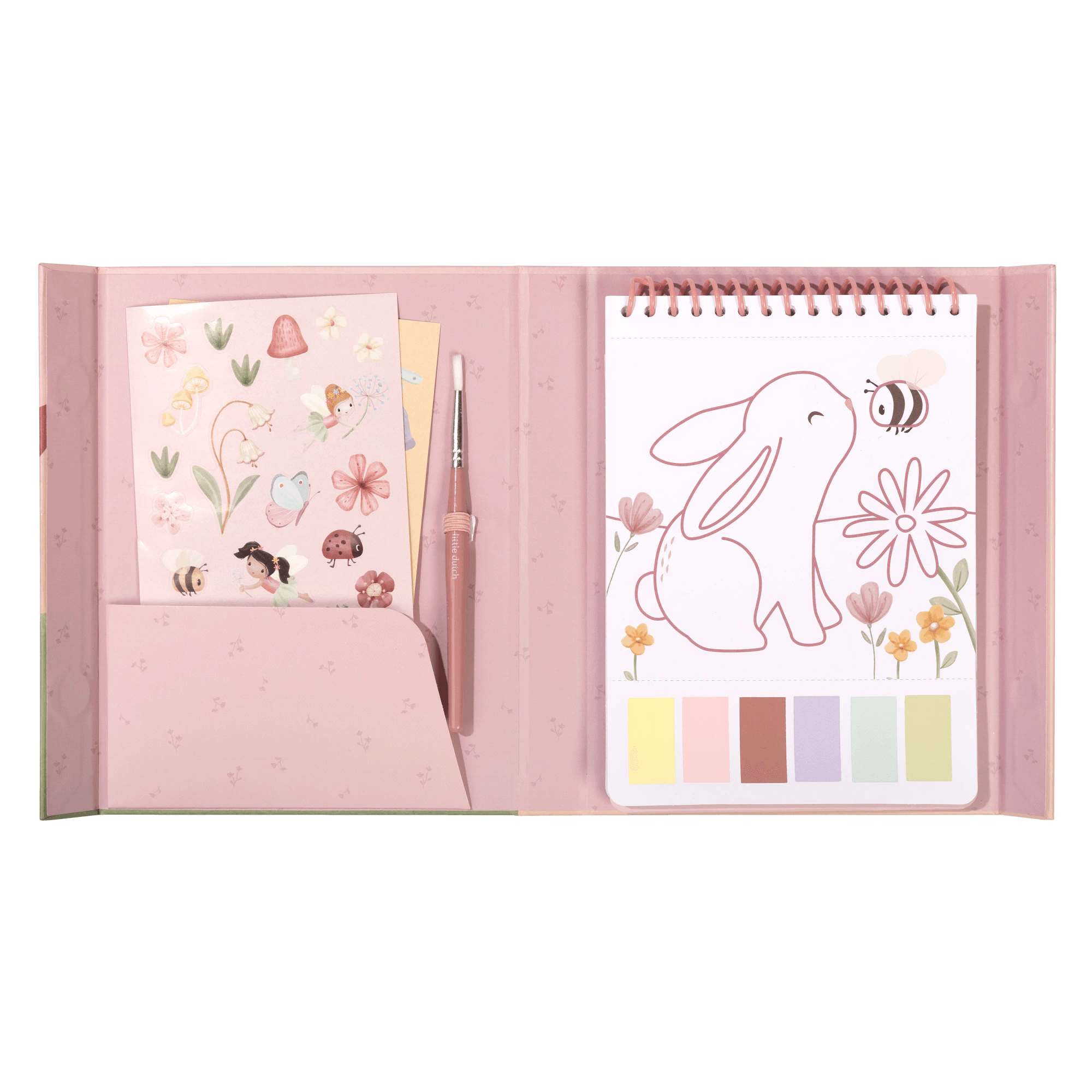 Malen & Kneten, LITTLE DUTCH, Pink – Besonderheit: Malbuch mit Ausmalbildern, Wasserfarben, einem Pinsel sowie Stickern