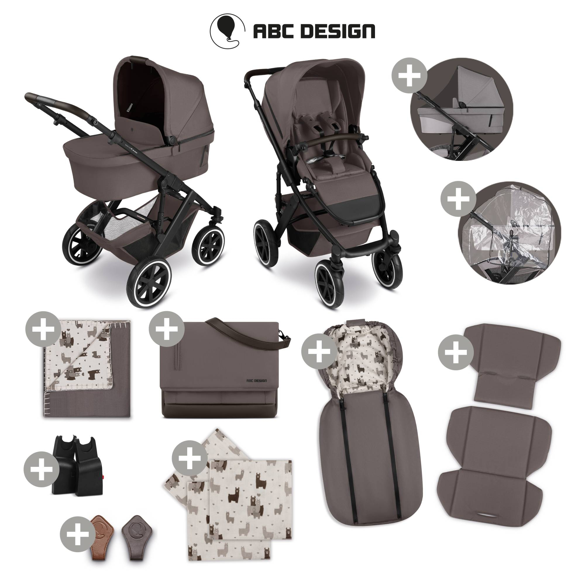 Kinderwagen Komplettsets, ABC DESIGN, Braun – Besonderheit: 2in1 Set bestehend aus Kombikinderwagen, Wickeltasche und weiterem Zubehör