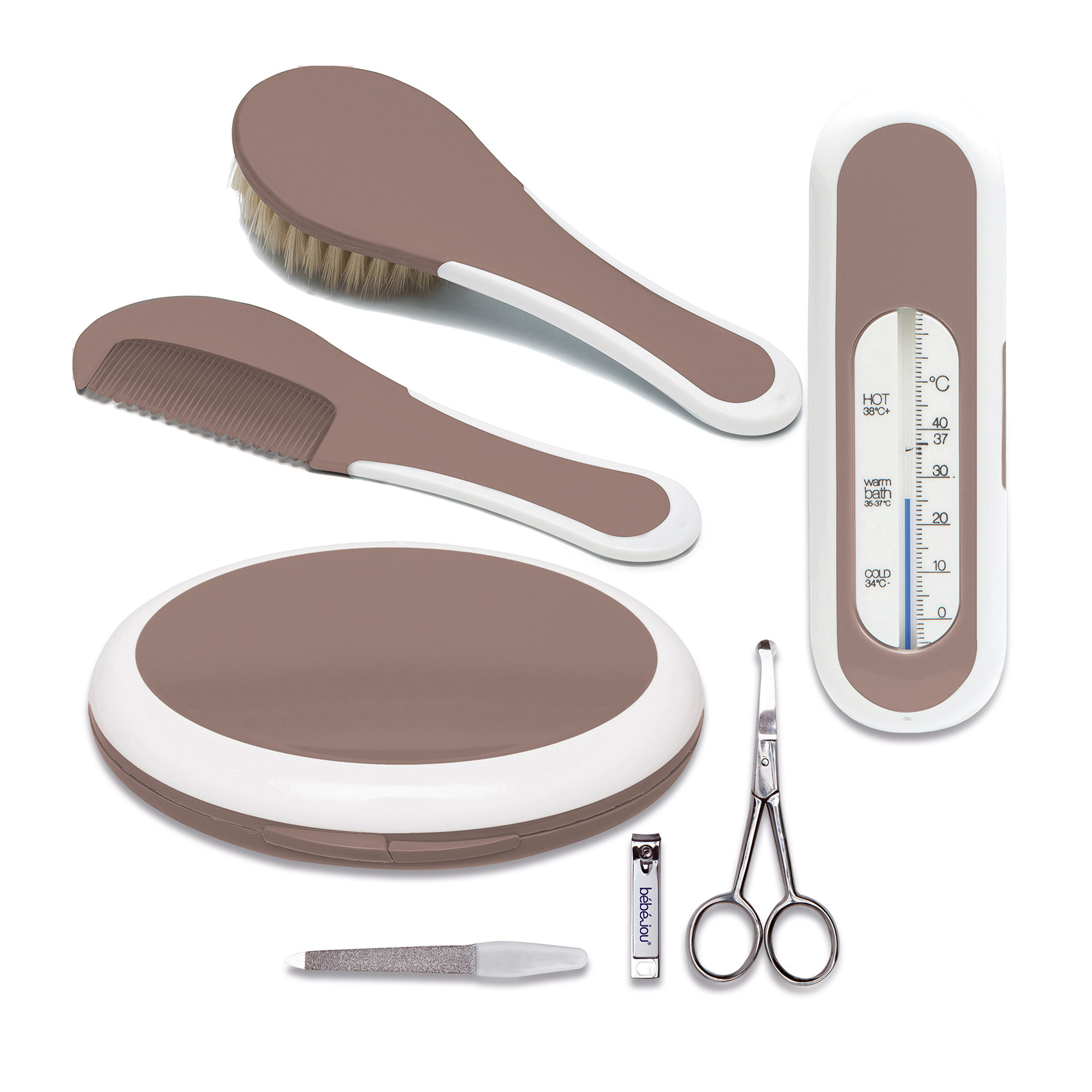 Babypflege-Sets, bébé-jou, Braun – Besonderheit: enthält Kamm, Bürste, Maniküre-Set und Badethermometer