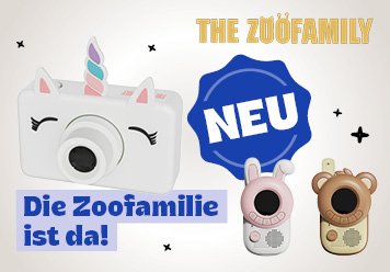 The Zoofamiliy: NEU. Die Zoofamilie ist da. Kamera und Walkie Talkies abgebildet.