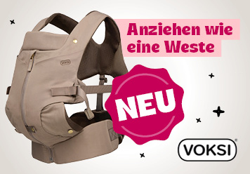 Neu: Babytrage Voksi Huddle. Anziehen wie eine Weste. In beige abgebildet.