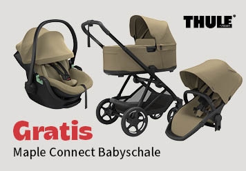 Gratis Maple Connect Babyschale beim Kauf des Kinderwagens Charm. Kinderwagen und Babyschale in khaki abgebildet.