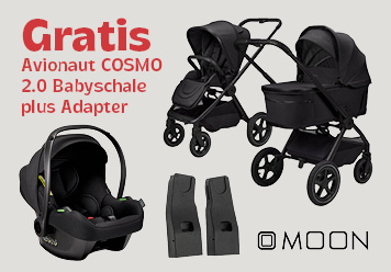 Gratis Avionaut Cosmo 2.0 Babyschale plus Adapter beim Kauf eines Moon Gio Fold Air. In schwarz abgebildet. 