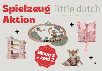 Little Dutch: 3 für 2 Spielzeug Aktion. Verschiedene Spielzeuge abgebildet.