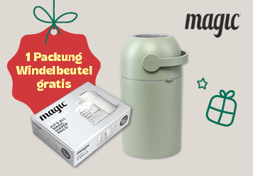 1 Packung Windelbeutel gratis beim Kauf eines Magic Windeleimers. Windeleimer und Packung abgebildet.