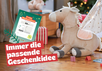 Immer die passende Geschenkidee: Geschengutschein abgebildet neben einem Pferdekuscheltier.