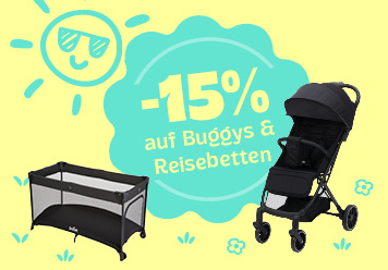 Reisebett und Buggy auf gelben Hintergrund. -15% auf Buggys und Reisebetten.