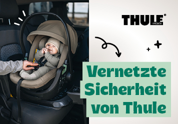 Vernetzte Sicherheit von Thule. Babyschale mit Kind darin abgebildet. Warnmeldungen in Echtzeit auf deinem Auto-Display.