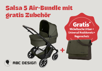 Salsa 5 Air Bundle mit gratis Zubehör: Wickeltasche Urban, Universal Moskitonetz und Regeschutz beim Kinderwagen gratis dabei.