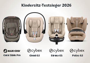 Kindersitz-Testsieger 2026. Maxi Cosi Slide Pro, Cybex Cloud G3, Sirona G3 und Pallas G3 abgebildet.