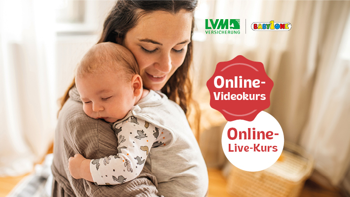 LVM und BabyOne: Online-Videokurs. Online Live Kurs: Erste Hilfe. Frau mit Baby auf dem Arm.