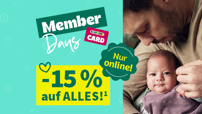 Member Days! Nur online! -15% auf Alles¹ mit der BabyOne-Card. Vater hält Baby im Arm.