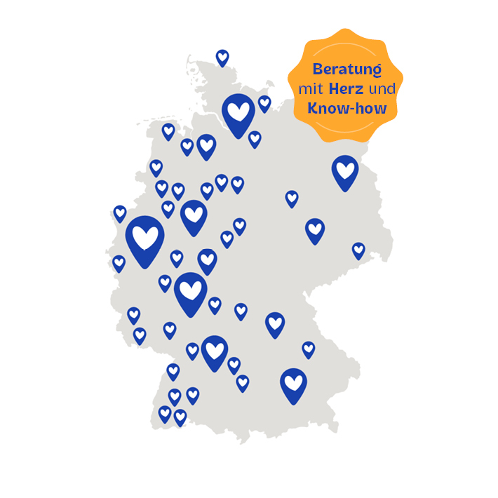 Deutschlandkarte mit allen markierten Fachmärkten und einer Bubble Beratung mit Herz und Know-how
