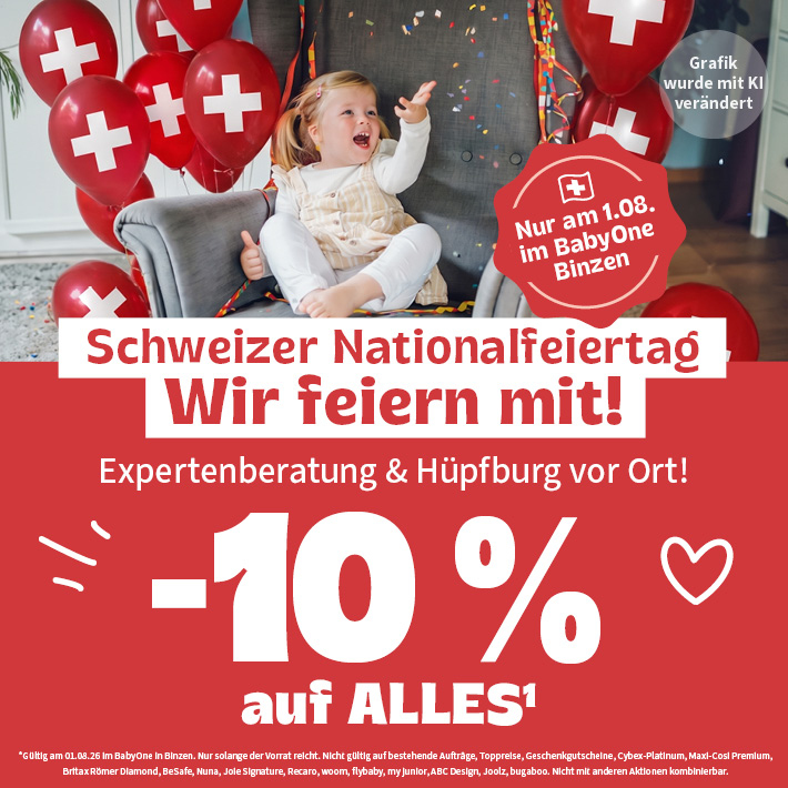 -10% auf Alles¹. Nur am 01.08. im BabyOne Binzen. Expertenberatung und Hüpfburg vor Ort. . Kind sitzt auf einem Sessel. Drumherum rote Ballons mit weißem Kreuz. Grafik wurde mit KI verändert.