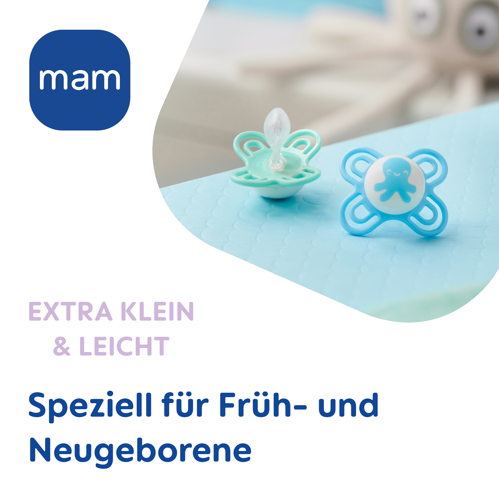 MAM Perfect Start Schnuller — SkinSoft Silikon Für 0-2 Monate, Selbststerilisierende Box, 2er Pack (blau)